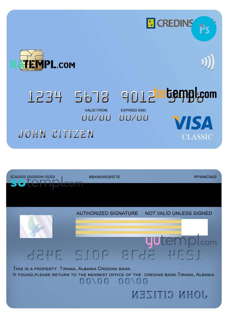 Albania Credins bank visa debit card template in PSD format, fully editable